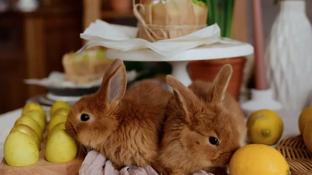 Two young ginger rabbits sitting on a table beside lemons and decorated eggs